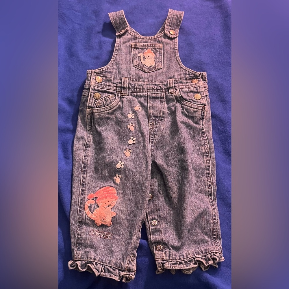 Vintage Parisian Baby Kids Denim Cats Cat Overalls 12 Mos Months